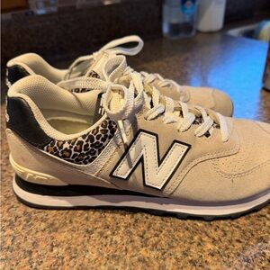 New Balance Cream and Black Sneakers with Leopard Detail